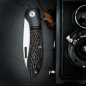 Preview: J.E. Made Knives | Phönix Handgraviert | S35VN Stahl | Titan Griff | Slipjoint Messer + Lederpouch