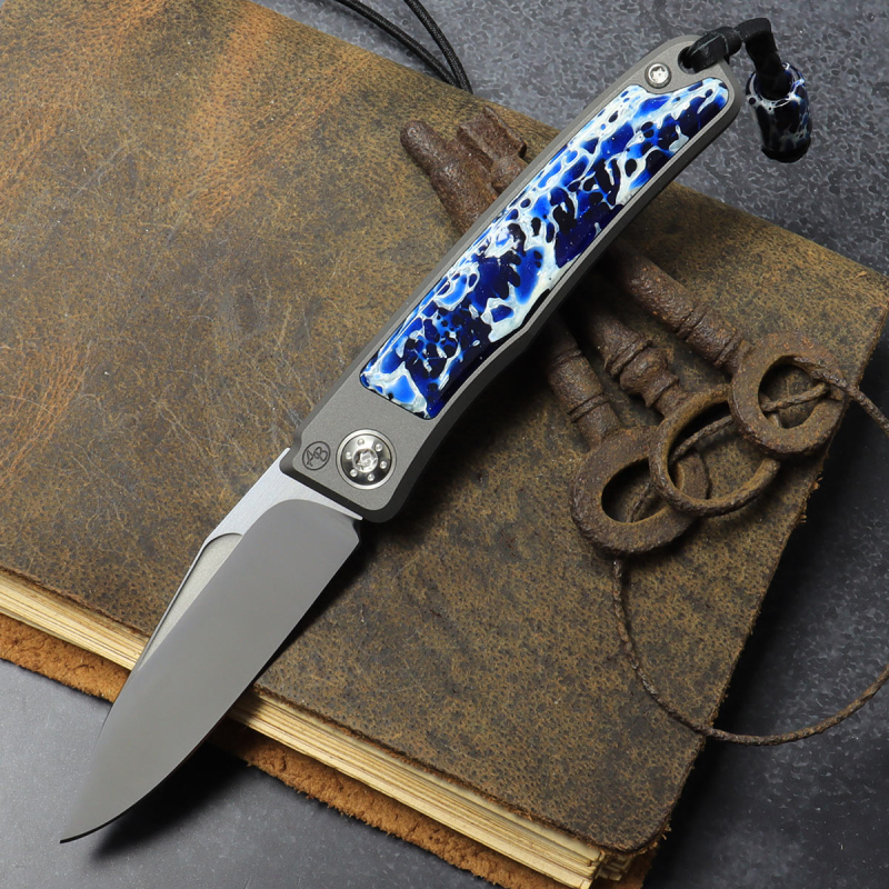 25/035 - Arno Bernard Knives - Slipjoint Titanium Pocketknife RWL34 with scales Kudu bone blue