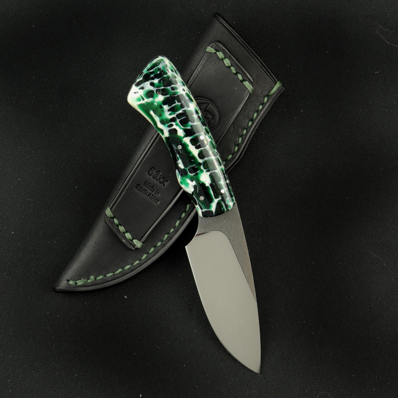 Arno Bernard Knives Gecko 3-Finger EDC Knife with kudu bones colored green and leather sheath