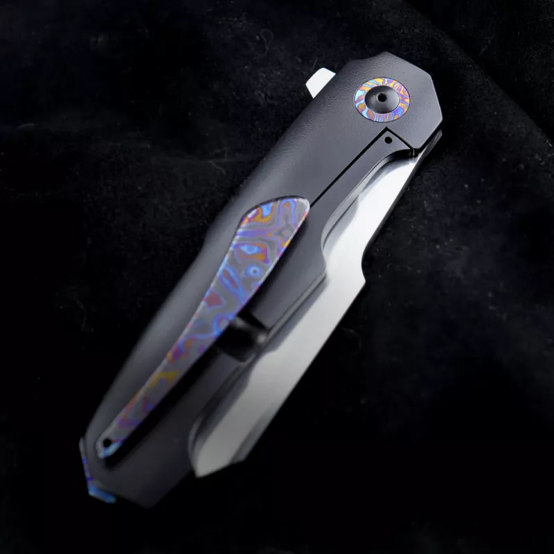 Boudicca 7.5 "Harpoon Warncliff satin Timascus clip and backspacer 6AL4V Titanium handle RWL-34 steel South Africa