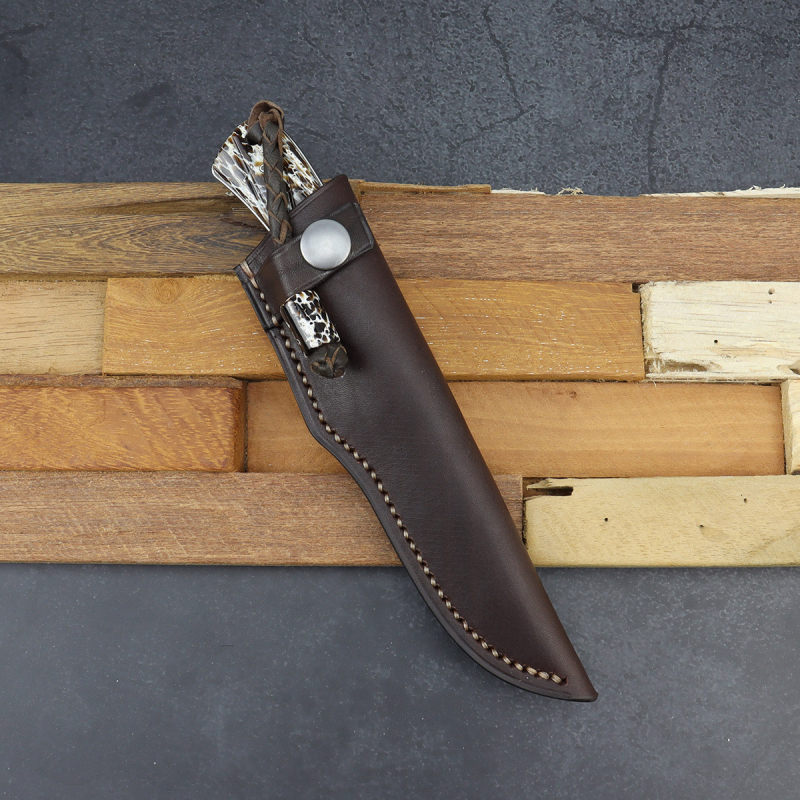 Badger hunting knife with brown kudu bone and high-quality leather sheath - Arno Bernard Knives