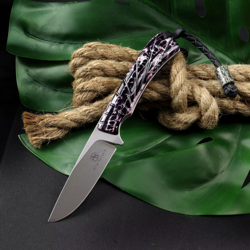 Arno Bernard Knives Badger EDC Knife with colored kudu bones in purple N690 steel
