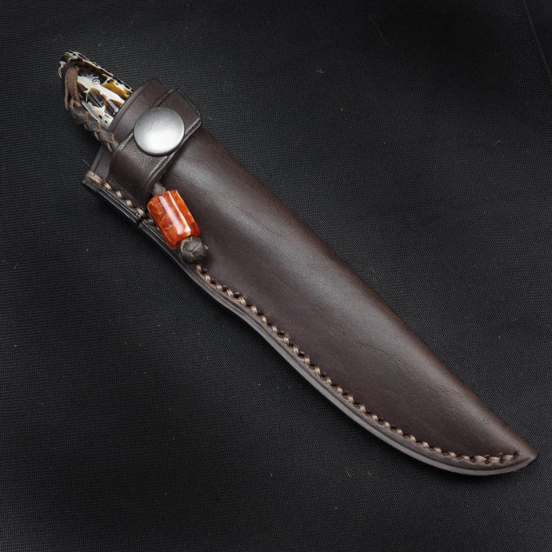 Bateleur - Arno Bernard Knives - EDC knife N690 with kudu bone handle brown/orange and leather sheath
