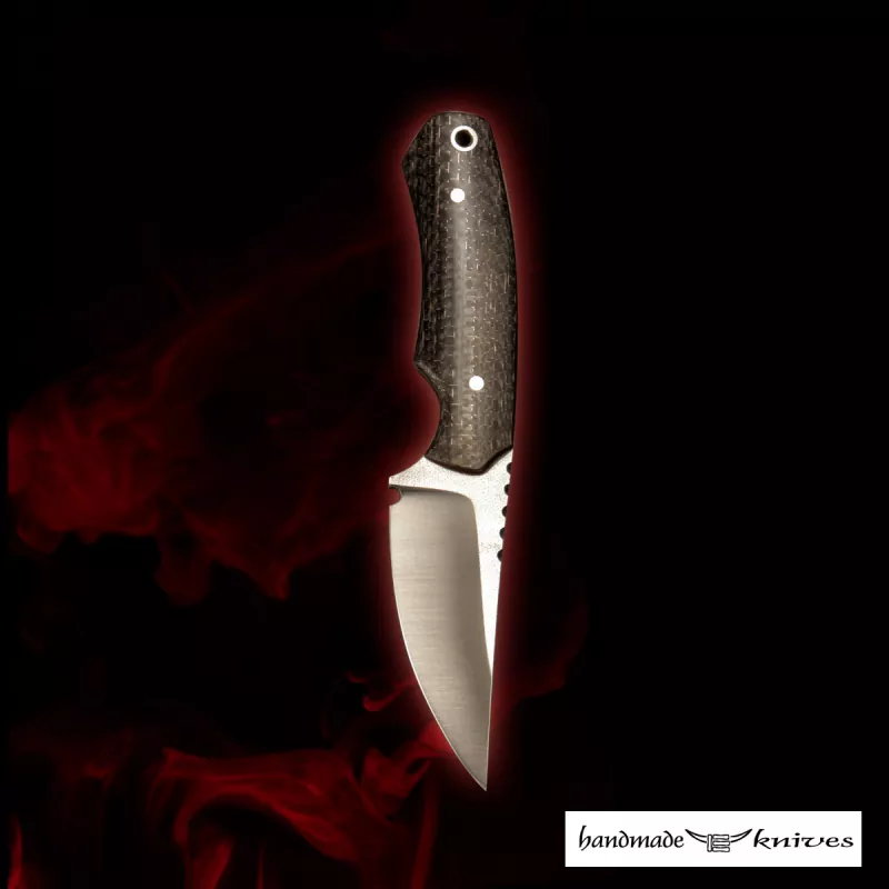 Steffen Bender Custom Neck Knife made of SB1 steel with Lightning Strike Carbon and red liner