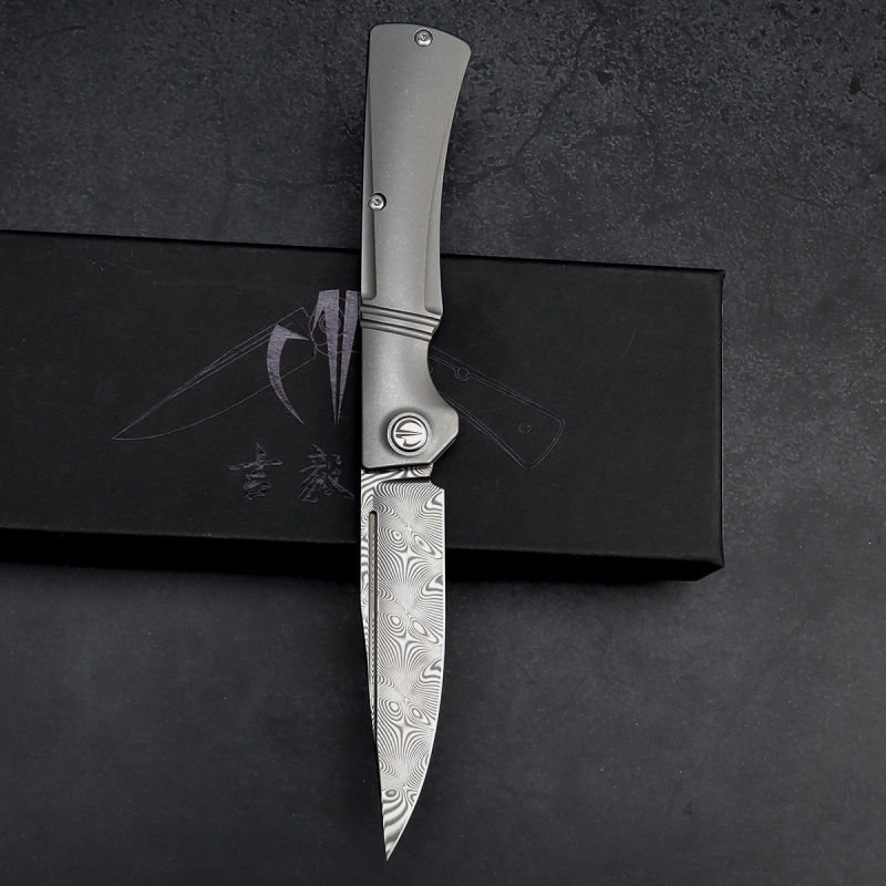 SK-X Slipjoint pocket knife - Damascus Raindrop full titanium - Hollow grind