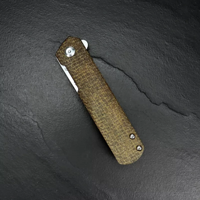 Foosa linerlock knife by Kansept 154CM steel with jutemicarta brown design Rolf Helbig