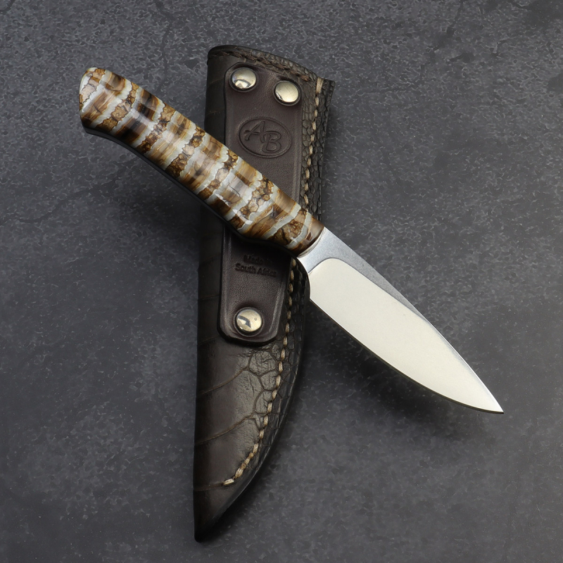 Galago mammoth molar - Arno Bernard Knives small EDC knife with N690 steel and ostrich leather sheath