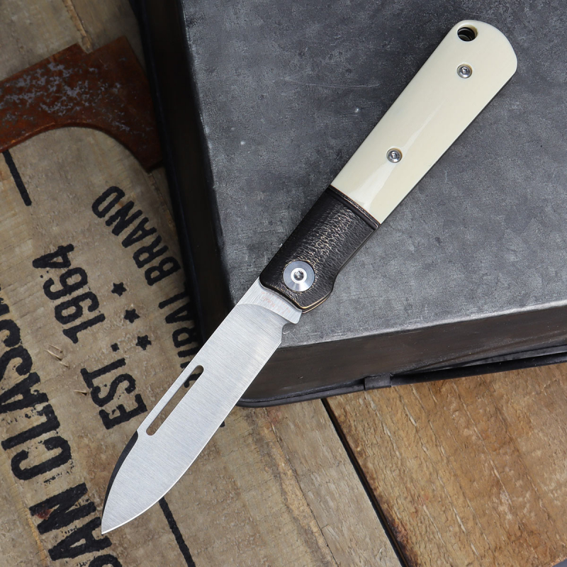 JE made Barlow - Slipjoint knife with pure mammoth tusk M390 steel and hand jigged bronze bolster
