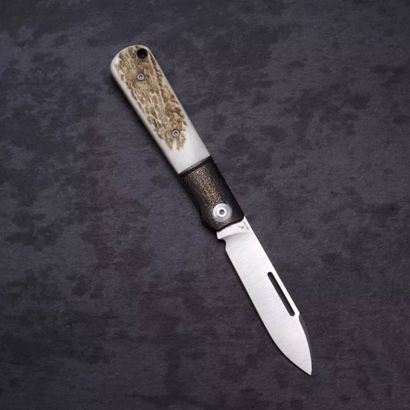 JE made Barlow hand jigged bolster Titanium M390 steel with staghorn slipjoint knife