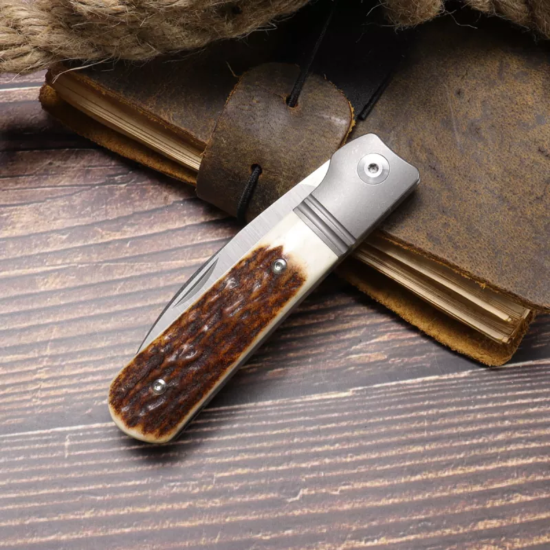 JE Made Knives - Swayback stag M390 titanium slipjoint pocket knife with titanium bolster blank