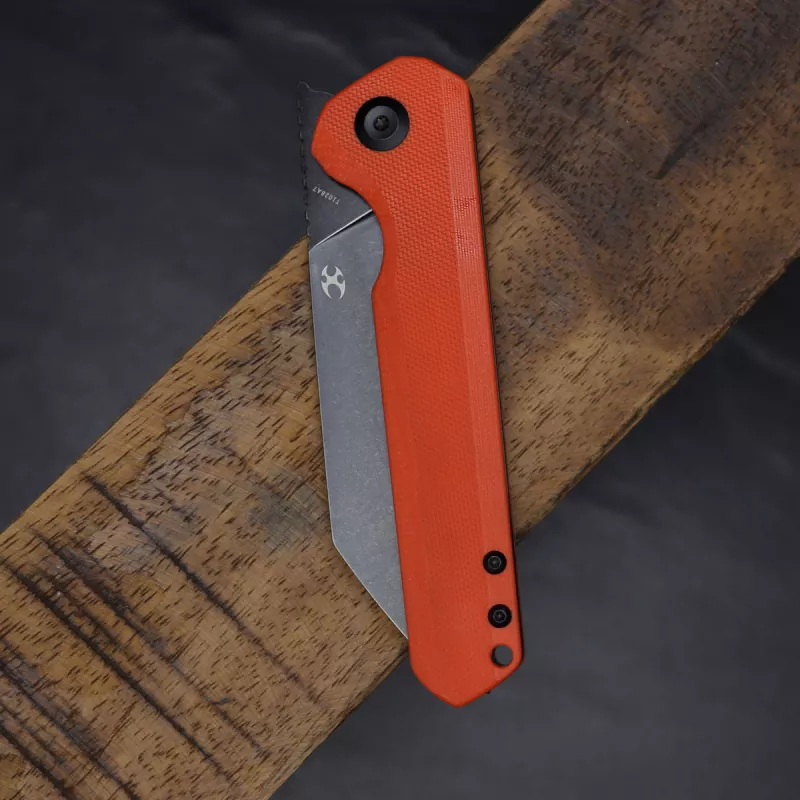 Kansept bulldozer low budget with D2 steel TiCn coated and scales made of G10 in orange liner lock