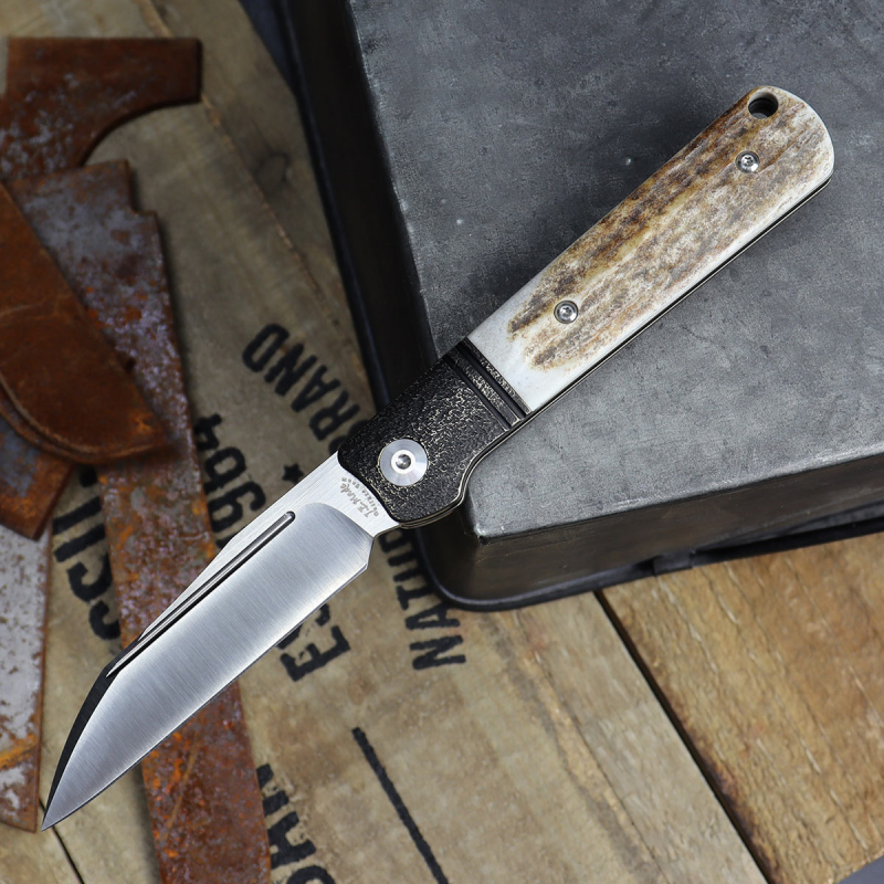 SALE - JE Made Knives Lambfoot with real stag horn M390 steel slipjoint pocket knife