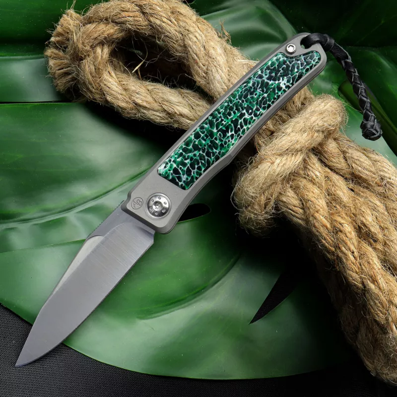 Exhibit Rinkhals - Arno Bernard Knives - Slipjoint Titanium Pocketknife RWL34 with scales Kudu bone green