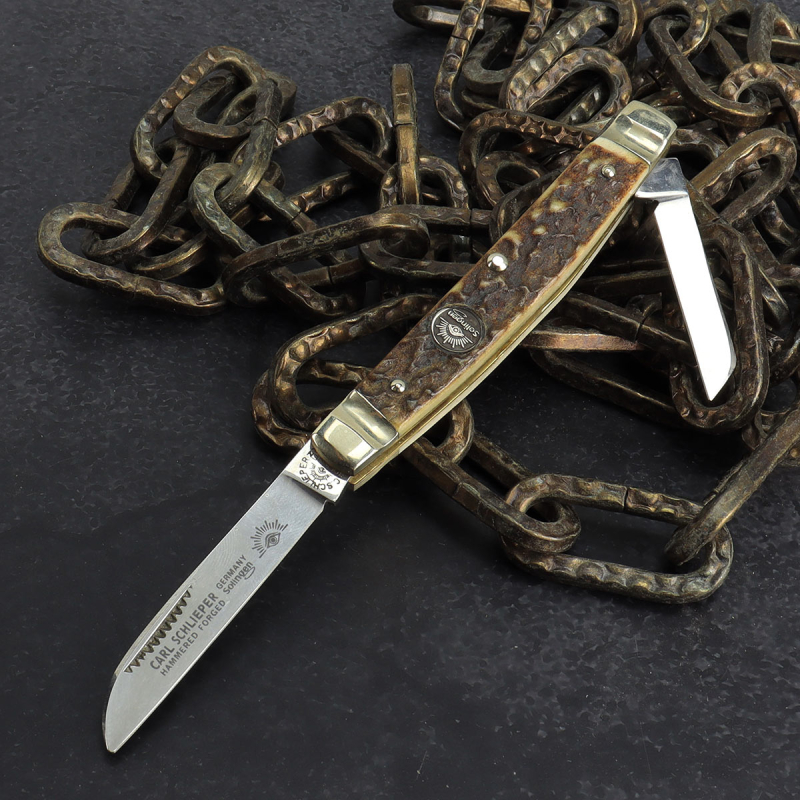 Altes Carl Schlieper "Eye Brand" 2tlg Congress Taschenmesser mit Hirschhorn