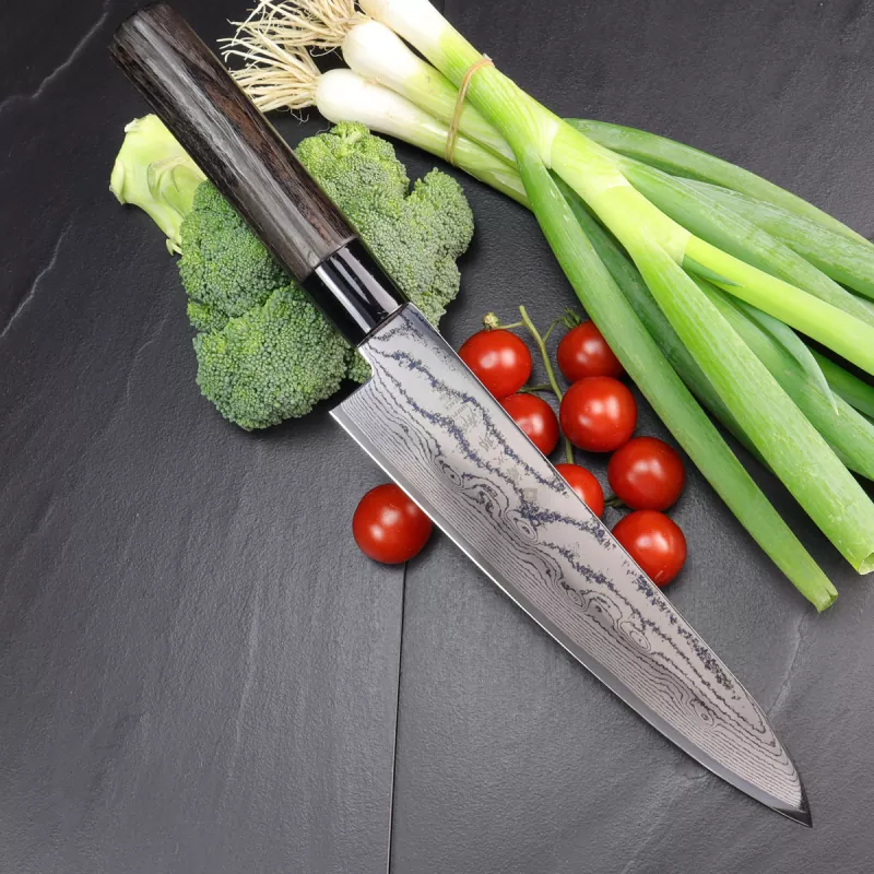 Tojiro Sippu Black Chef knife Damascus 63 layers with burnt chestnut handle 240mm
