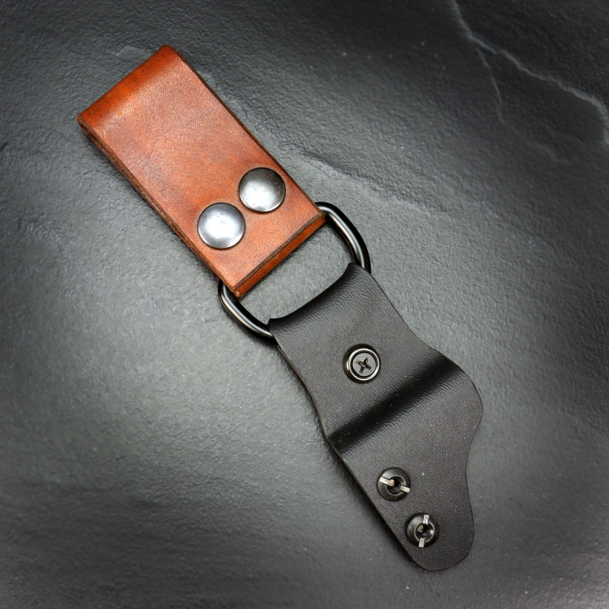 Kydex belt adapter / dangler with leather straps brown and press studs  laterally movable