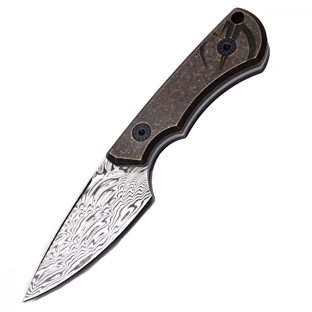 SK09 Damascus Auspicious with dark brass scales and MDK logo and leather sheath with brown logo