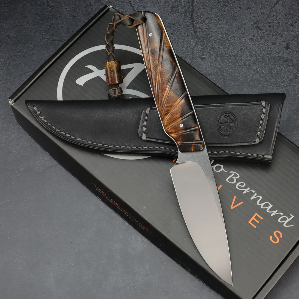 Bongo Arno Bernard Knives EDC Messer mit N690 Stahl gemasertes Ironwood + Lederscheide