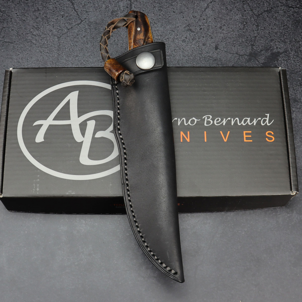 Bongo Arno Bernard Knives EDC Messer mit N690 Stahl gemasertes Ironwood + Lederscheide