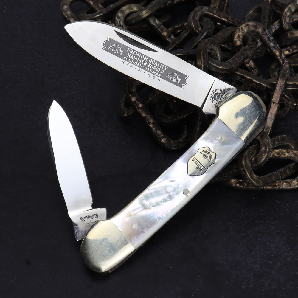 Vintage Carl Schlieper BBSSP "Eye Brand" Canoe Pocket Knife with Abalone Premium Quality Handle