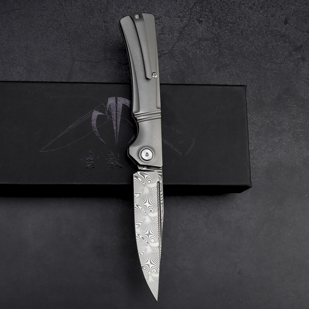 SK-X Slipjoint pocket knife - Damascus Raindrop full titanium - Hollow grind