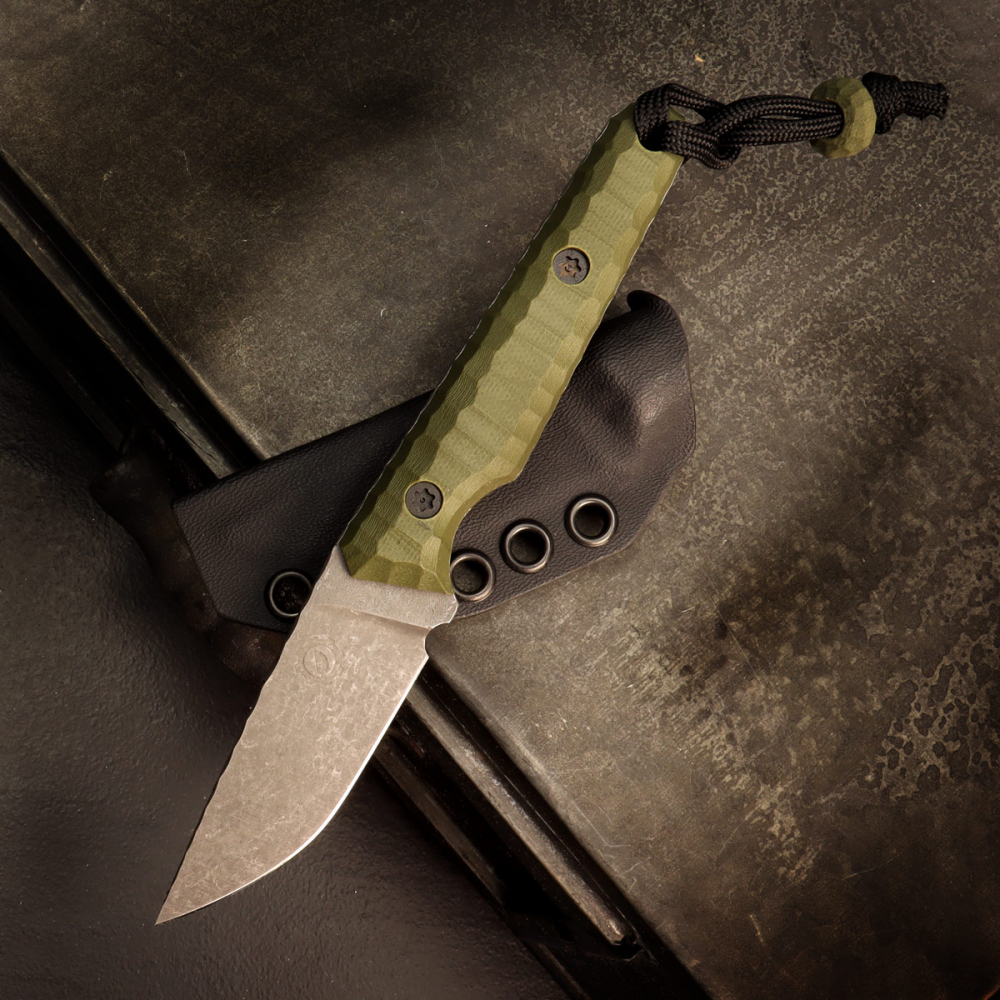 SK07-EDC: Handcrafted knife in SB1 steel and screwed handle in G10 OD-green incl. Kydex
