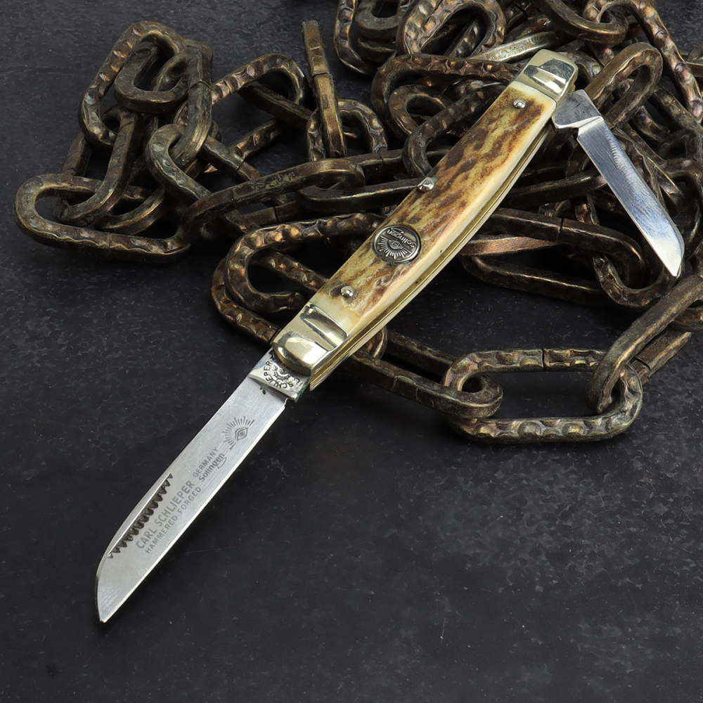 Altes Carl Schlieper "Eye Brand" 2tlg Congress Knife Taschenmesser mit Hirschhorn