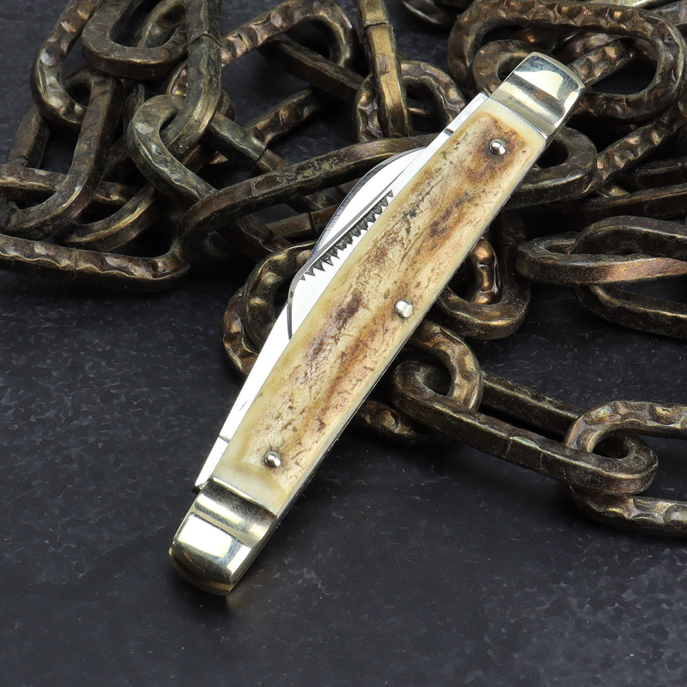 Altes Carl Schlieper "Eye Brand" 2tlg Congress Knife Taschenmesser mit Hirschhorn