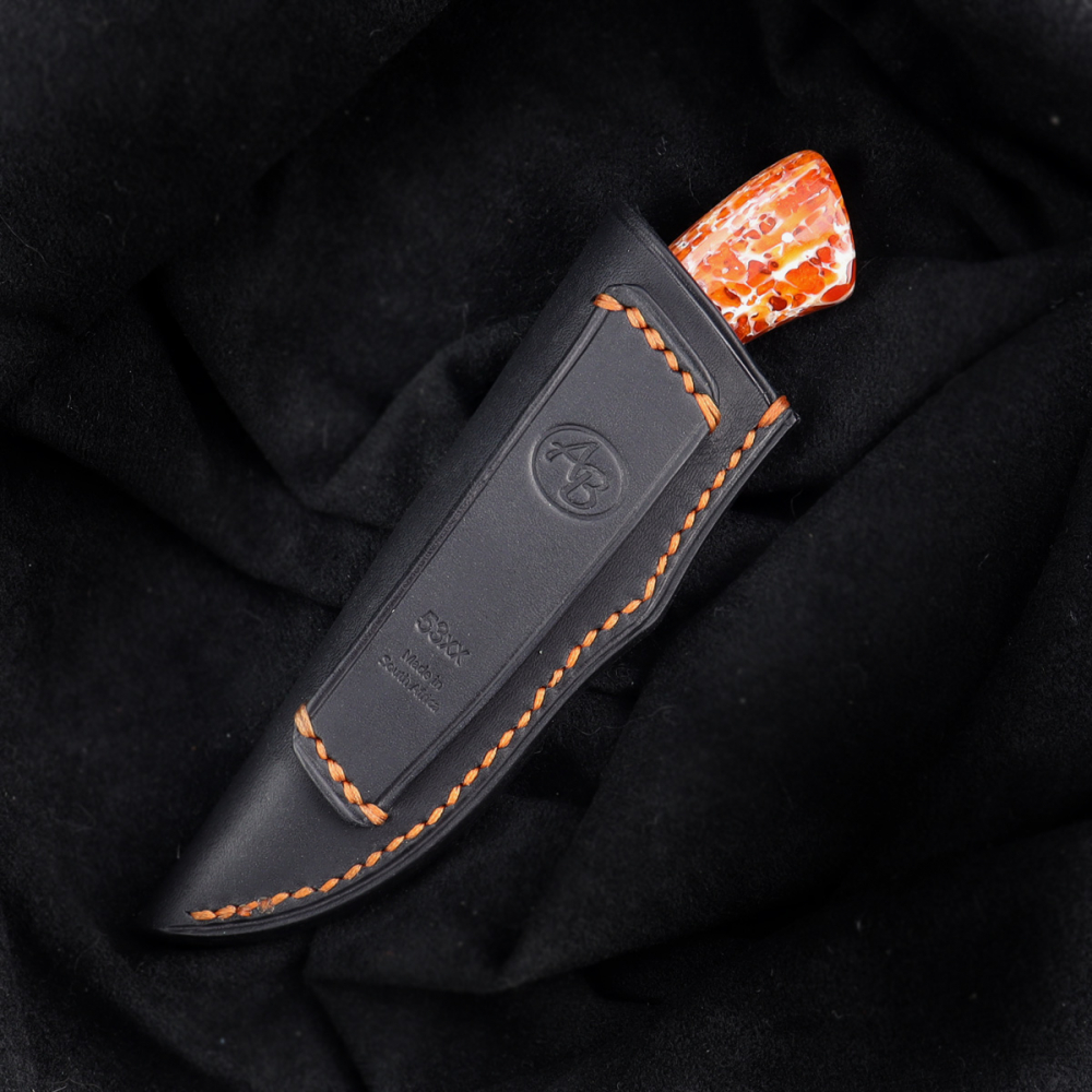 Gecko by Arno Bernard Knives with kudu bone 2-colored dyed EDC knife with leather sheath and matching seam
