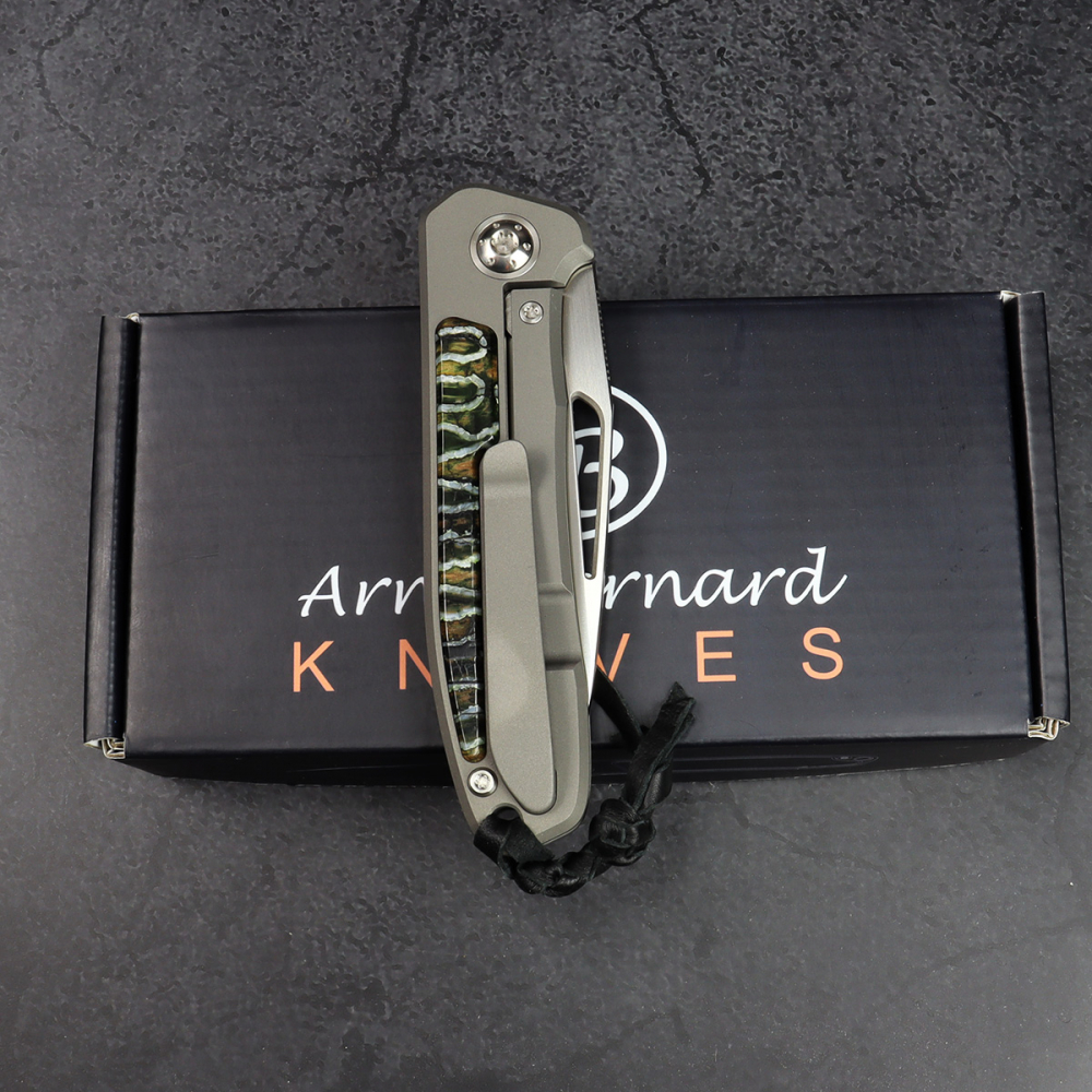 SALE - German Edition skeletonized - Arno Bernard Knives iMamba RWL-34 mammoth molar green titanium 24/178