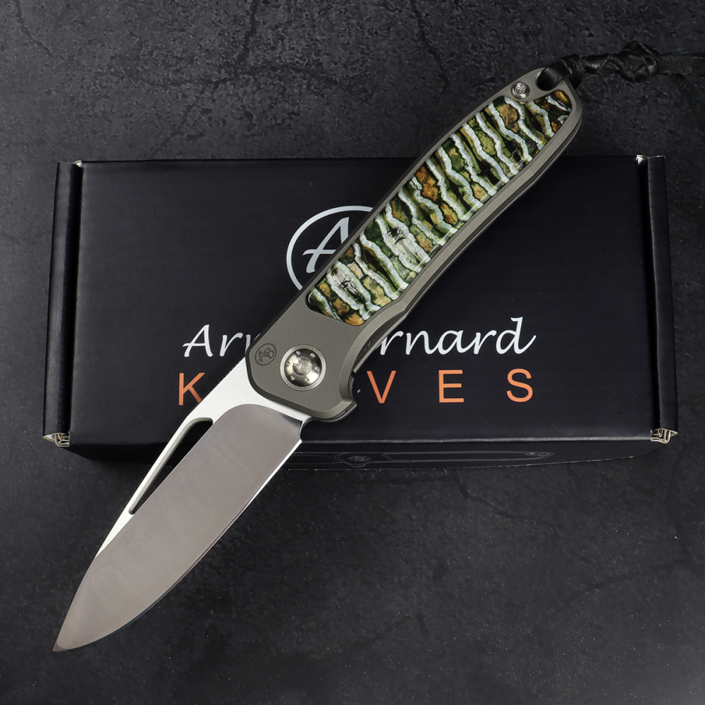 SALE - German Edition skeletonized - Arno Bernard Knives iMamba RWL-34 mammoth molar green titanium 24/177