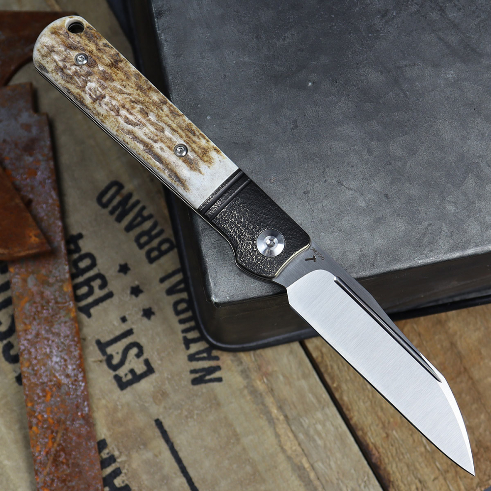 AUSVERKAUF - JE Made Knives Lambfoot Hirschhorn aus M390 Stahl Slipjoint Taschenmesser