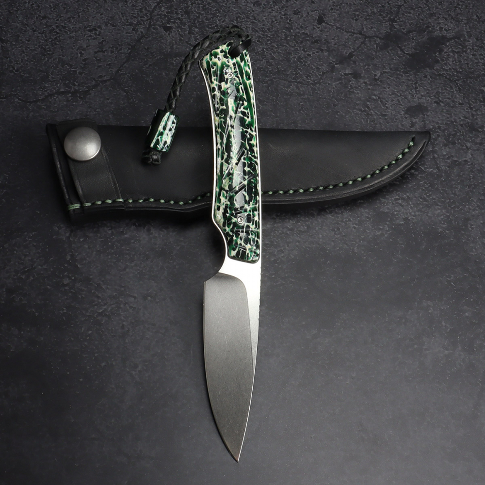 Marmoset Arno Bernard Knives narrow EDC knife made of N690 with green kudu bone handle