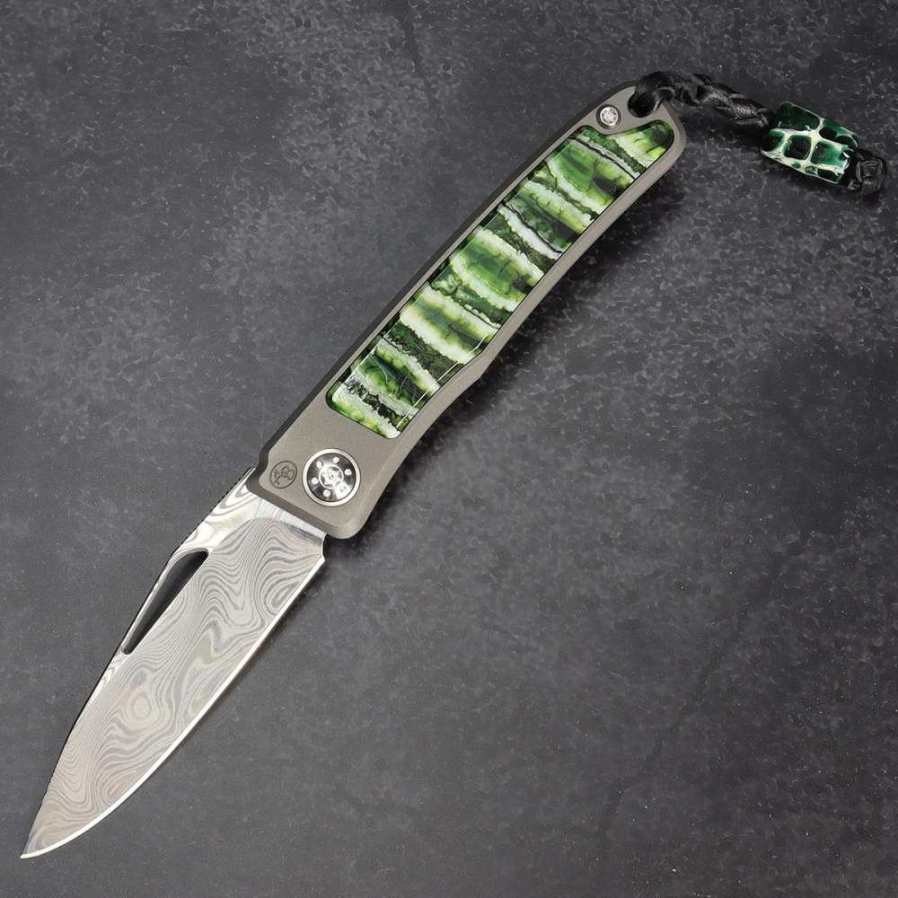 Rinkhals - Arno Bernard Knives - Damascus steel titanium skeletonized slipjoint pocket knife with mammoth molar tooth green