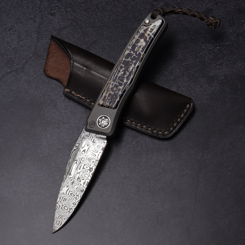 Rinkhals Arno Bernard Knives - Slipjoint titanium pocket knife damaststeel with kudu bone brown