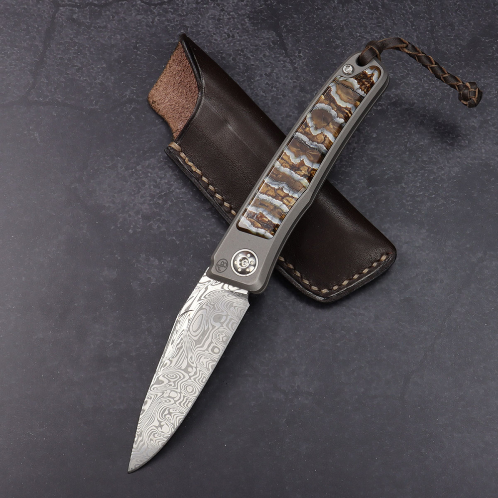 23-190 Rinkhals - Arno Bernard Knives - Damascus steel titanium slipjoint pocket knife with mammoth molar tooth