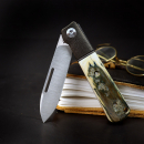 JE made Knives Barlow pockt knife with mammoth tusk M390 steel and hand jigged bronze bolster