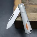 JE made Barlow 2022 Smooth Titan M390 steel slipjoint pocket knife with shield made of paper micarta in orange