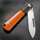 JE made Barlow with handle made of paper Micarta in orange M390 steel